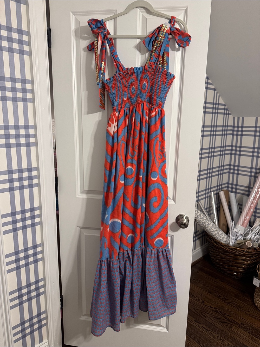 Smocked Tie-Shoulder Maxi Dress in Red & Blue